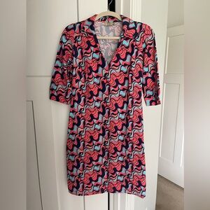 Katharine Way Dress Red Shift Geo Print half sleeve v neck